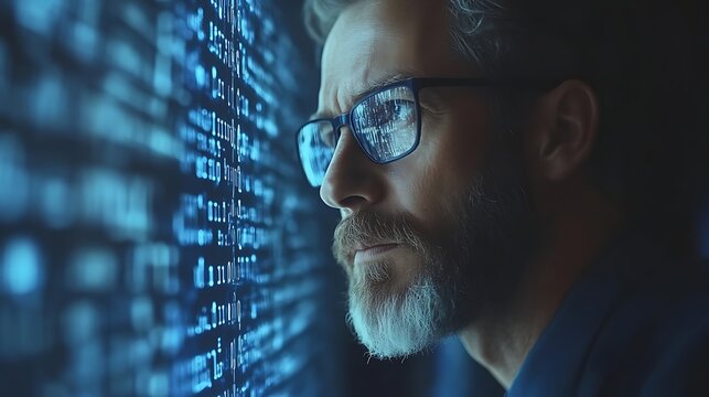 Focused man reviewing code at terminal