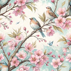 Seamless pattern, pattern, watercolor, sakura, sakura flowers with green leaves and birds, delicate floral motifs, pastel sakura flowers