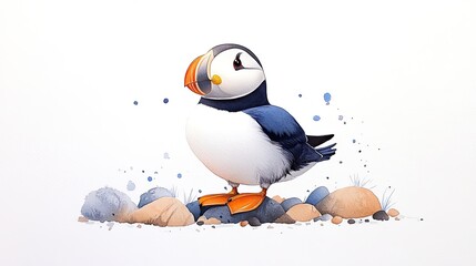 Colorful puffin standing on a rocky beach with splashes of color in the background