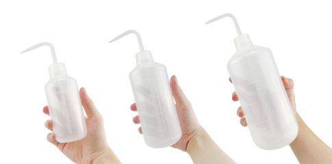 Set of three transparent plastic squeeze bottles with measurement markings, held by hands. Designed for precise liquid dispensing, ideal for laboratory, medical, and industrial use.