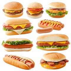 Assorted Burgers, Hot Dogs, and Sandwiches Isolated on White Background
