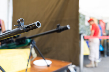 Exhibition of modern firearms . Military weapons concept