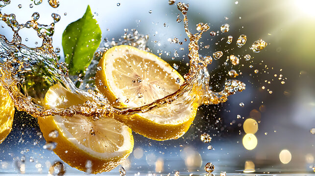 A splash of water with a lemon slice in it. generated using AI - Powered by Adobe