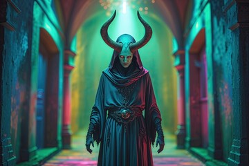 Fototapeta premium A Chilling Mystic Figure in a Vibrant and Eerie Corridor with an Otherworldly Glow