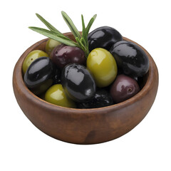 Rustic Wooden Bowl with Assorted Olives with transparent background