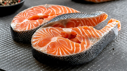 Two pieces of salmon are displayed on a table. generated using AI