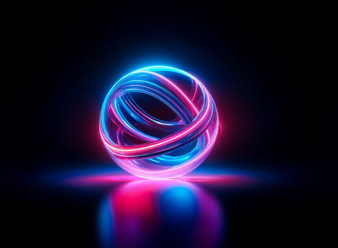 Abstract glowing sphere formed by intertwined neon strands of blue and pink hues, creating a futuristic and vibrant illuminated element on a dark reflective surface.