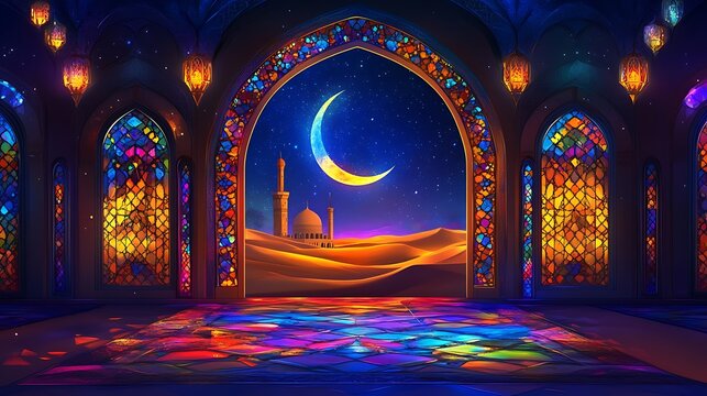 Islamic Ornate Archway with Crescent Moon Over a Starry Desert Landscape