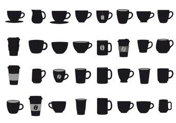 Coffee cups, tea cups, mugs, silhouettes, black and white, minimalist design, various shapes, beverage containers, espresso cups, to-go cups, coffee shop icons, drink