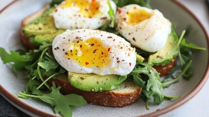 Avocado Toast with Poached Eggs and Arugula