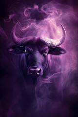 Naklejka premium A majestic water buffalo with smoke swirling around its head, creating an ethereal and mysterious atmosphere against the dark background. The colors of a pink-to-purple gradient create depth 