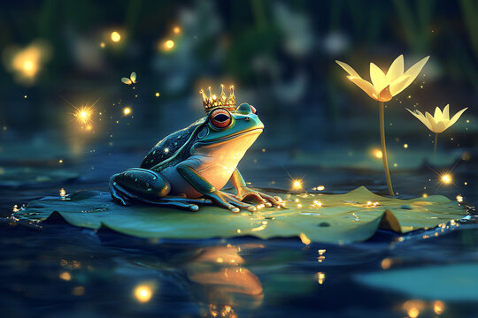magical green frog prince on a lily pad in a glowing pond - Powered by Adobe
