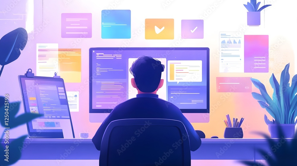 Aufkleber A professional man intently working on a computer in a modern minimalist office setting surrounded by various technology and digital devices showcasing a career oriented mindset