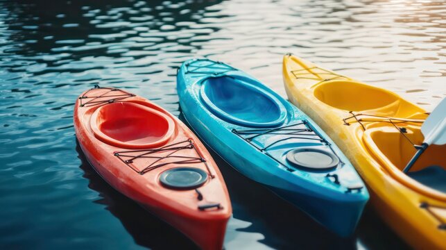 Colorful Modern Kayaks in Calm Waters Ready for Exciting Water Adventures and Leisure Activities