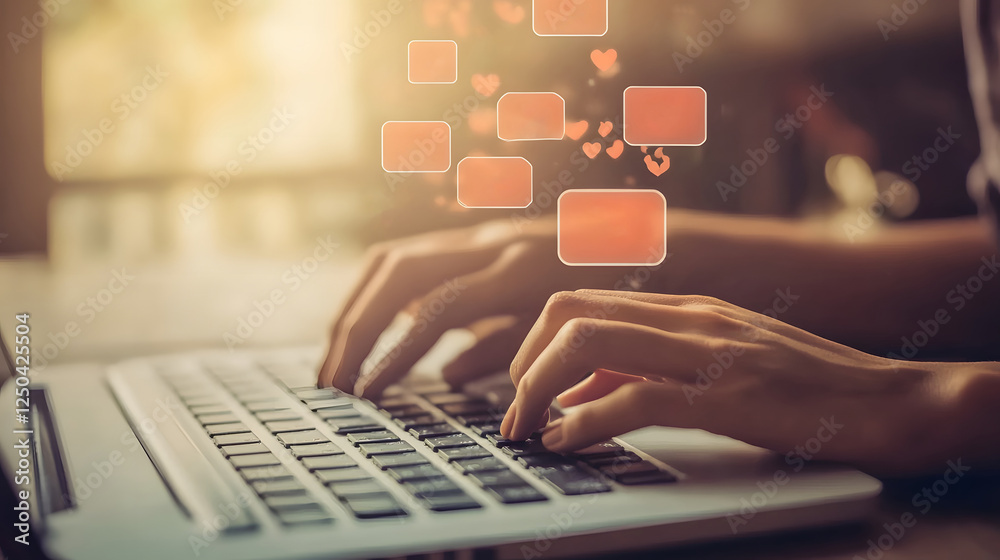 Aufkleber Close up view of a person s hands typing on a laptop computer keyboard in a modern office setting with various digital icons and symbols hovering in the background suggesting productivity