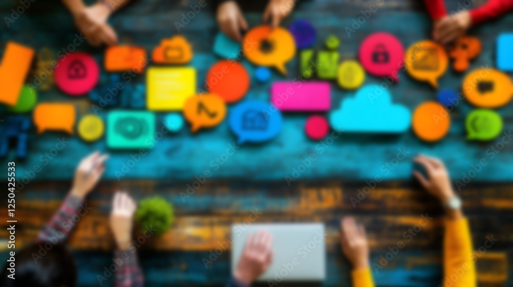 Poster blurry collaborative digital workspace with colorful icons symbols and diagrams on a wooden backgrou