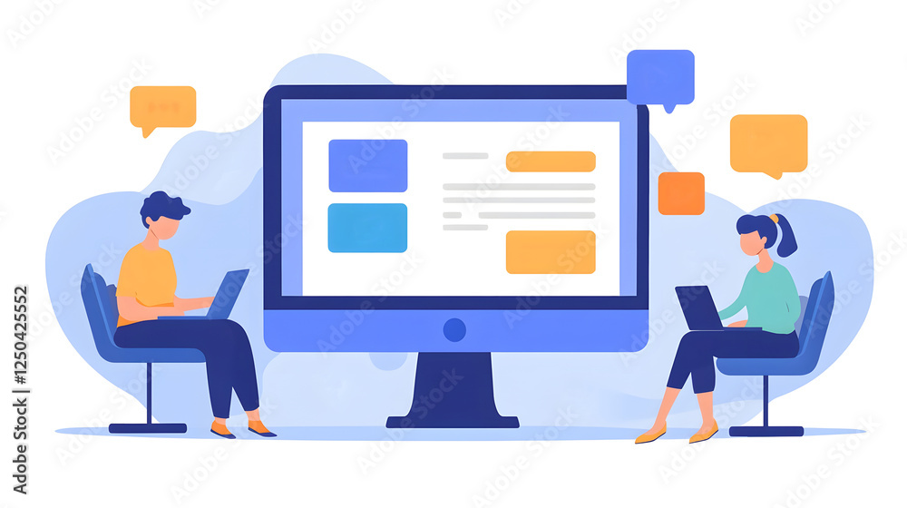 Aufkleber Collaborative digital workspace with connected professionals engaged in online tasks like coding programming research analysis data processing social media