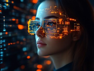 Futuristic woman VR glasses data server room