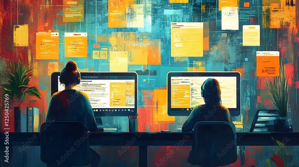 Poster Corporate office workspace with multiple computer monitors and digital technology setup representing research analysis programming and data driven and productivity in a modern