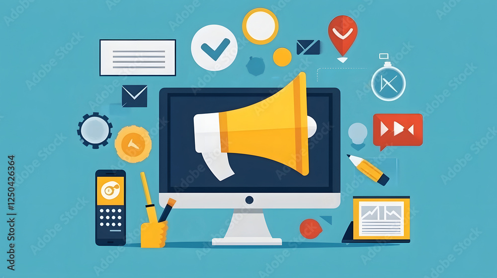 Poster Digital marketing and advertising campaign workflow with technology devices digital interface analytics infographics and productivity tools  Concept of data driven business strategy