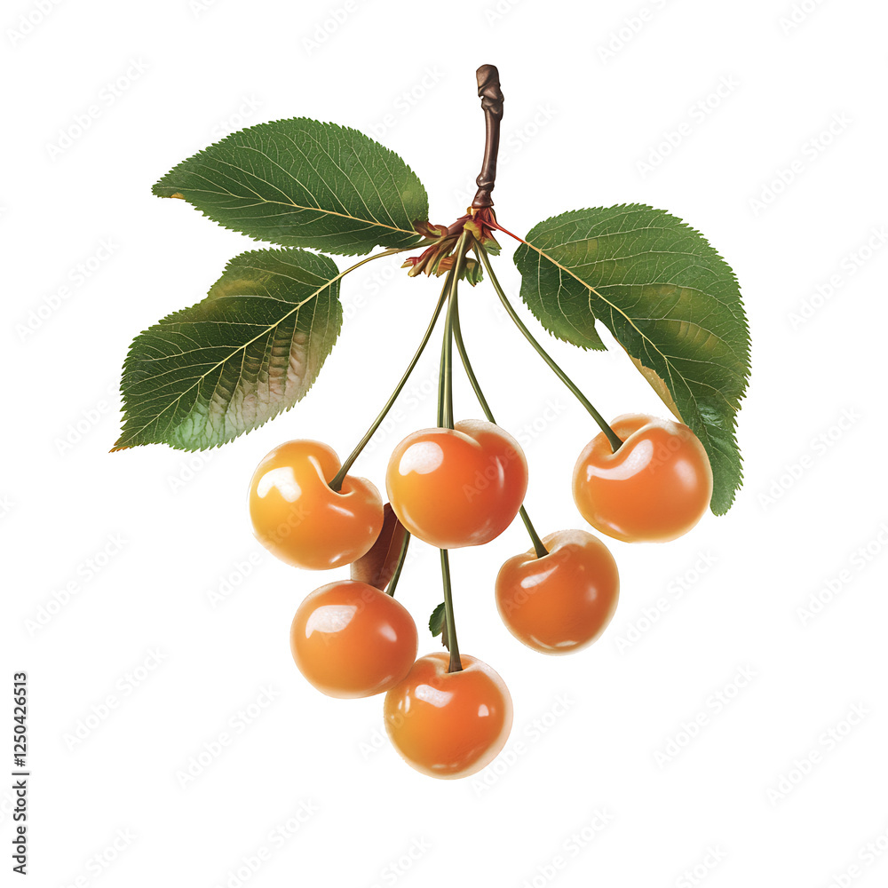 Sticker Orange cherries with leaves isolated on white background PNG.AI GENERATED