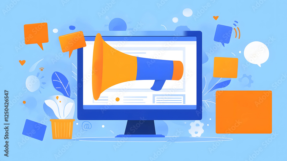 Aufkleber digital megaphone icon displayed on a computer monitor symbolizing online marketing advertising and 