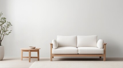 Modern minimalist living room scene featuring a stylish white sofa and a wooden side table beside a plant