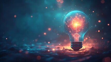 A futuristic design of a blue lightbulb with tiny glowing circuit-like patterns on its surface