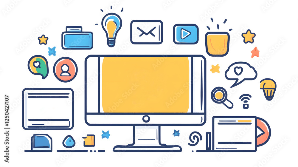 Leinwandbilder Digital workspace with various technology icons and devices such as computer monitor lightbulb email analytics data and other symbols representing creativity innovation