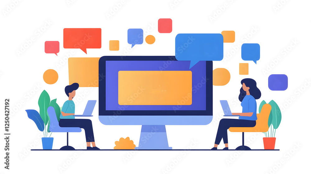 Aufkleber Digitally Connected Workspace Collaborative Remote Office for Productive Team Work with Digital Marketing Social Media Online Technology and Data Analytics Tools