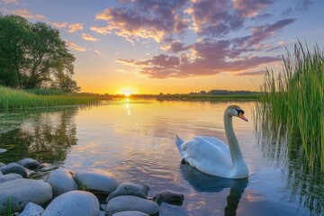 Fototapeta premium Majestic swan gliding on serene lake at sunset