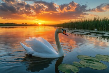 Fototapeta premium Graceful swan gliding on tranquil lake at sunset