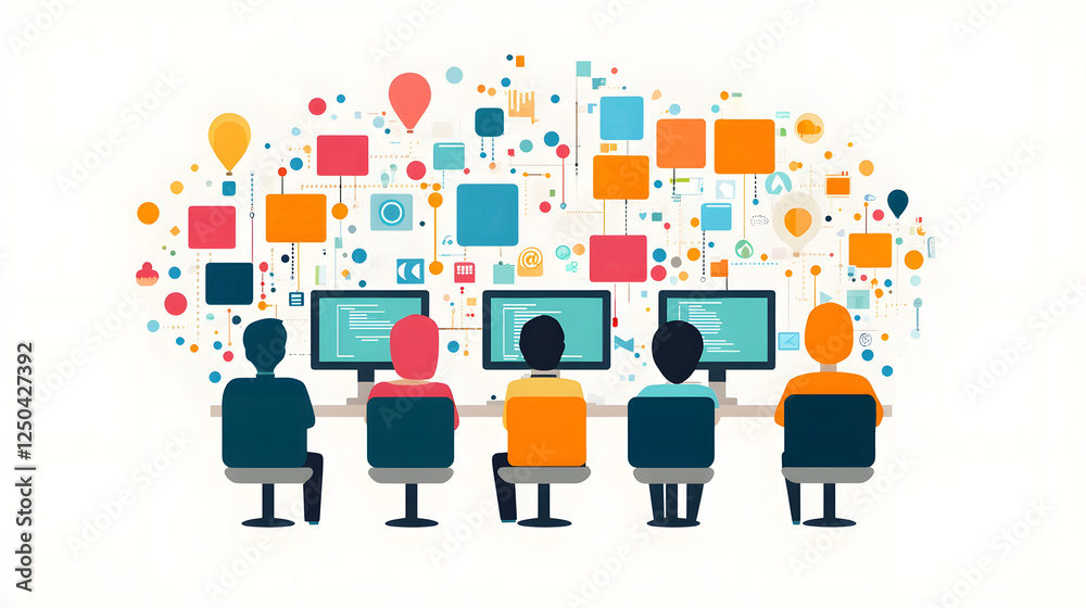 Aufkleber Diverse team of professionals collaborating on digital technology business solutions and innovative strategies for growth and progress in the modern workplace