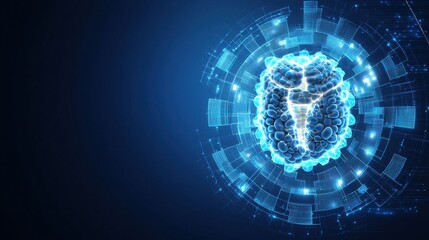 Obraz premium A digital illustration of a glowing intestine surrounded by futuristic technology elements, symbolizing intelligence and innovation.