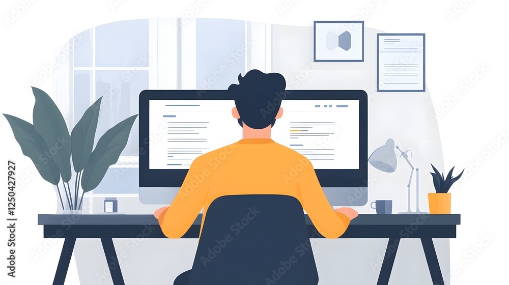 Aufkleber Focused professional working on multiple computer monitors in a modern minimalist home office workspace  Engaged in various tasks such as data analysis software development digital marketing