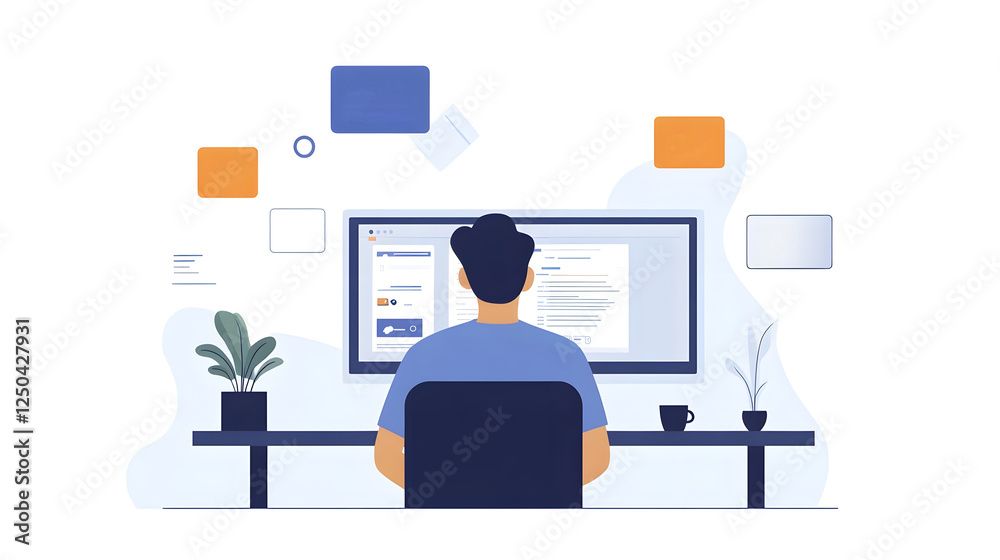 Poster Focused professional working on computer monitor in modern office workspace with various digital tools and accessories  Concept of productivity efficiency and career in the digital age