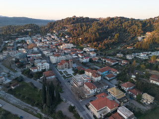 Aerial view of Olympia town in Peloponnese, Greece during sunrise.