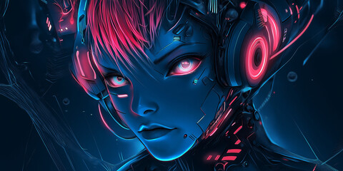 Cyberpunk Female Android Portrait with Neon Lights and Futuristic Headphones &ndash; Sci-Fi Concept Art of a Futuristic Human-Robot Hybrid with Glowing Eyes and Tech Details