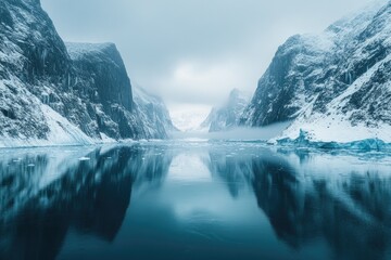 Frozen glacial lagoon reflecting icy cliffs and cloudy sky