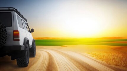 Fototapeta premium A vehicle parked on a sandy path with a vibrant sunset in the background.