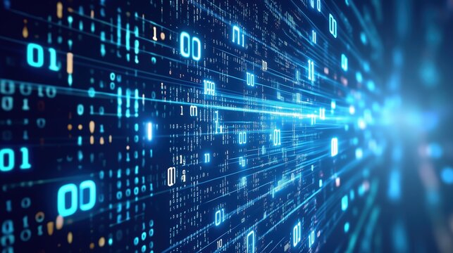 Digital technology background with glowing data connections and code on a dark blue abstract digital landscape. 