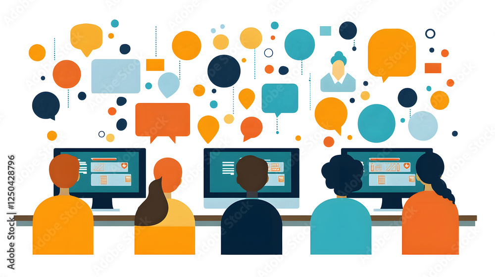 Aufkleber Group of Colleagues Collaborating on Digital Technology and Data Analytics in a Modern Office Environment Discussing Ideas and Strategizing for Business Growth and Success
