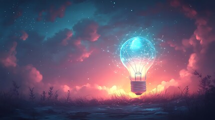 A digital composition featuring a glowing blue lightbulb with an abstract network of data streams connecting around it