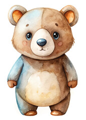 Cute watercolor bear illustration, adorable animal character, children's art style, playful design, perfect for nursery decor.