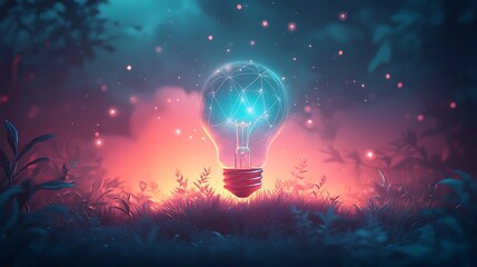A digital composition featuring a glowing blue lightbulb with an abstract network of data streams connecting around it