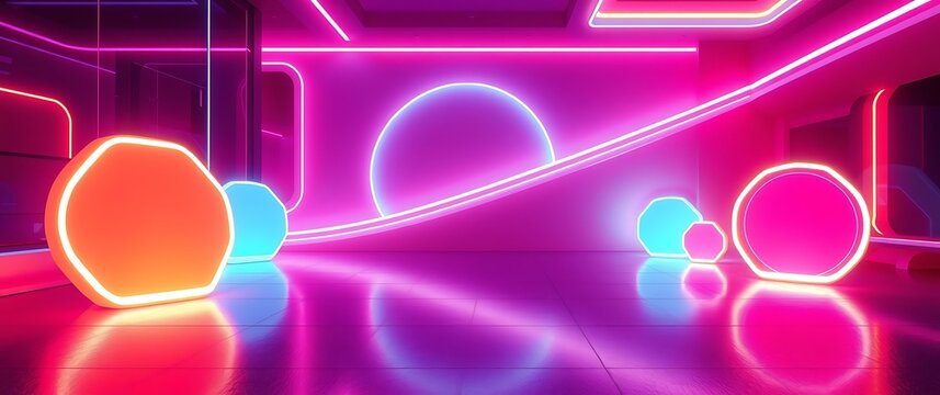 A 3D render of a stylish background with  a futuristic theme, incorporating glowing neon lights, reflective surfaces, and abstract shapes, rendered in a photorealistic style wit.