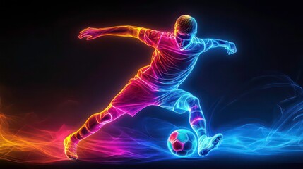 Football player kicking a ball in neon light isotated on black background.
