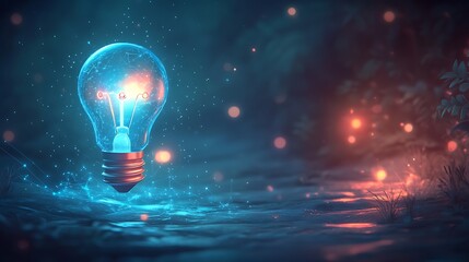 A blue lightbulb formed by digital particles and energy waves showcasing the concept of digital transformation