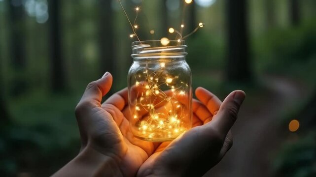 "Hands cradle a glowing jar of magical light, illuminating the dark forest with warmth and wonder. Tiny golden sparks escape, dancing like fireflies in the night."







