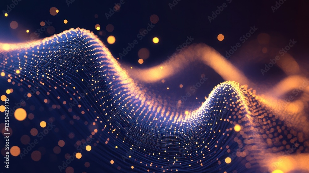 Poster abstract data stream visualization with glowing particles and wavy grid